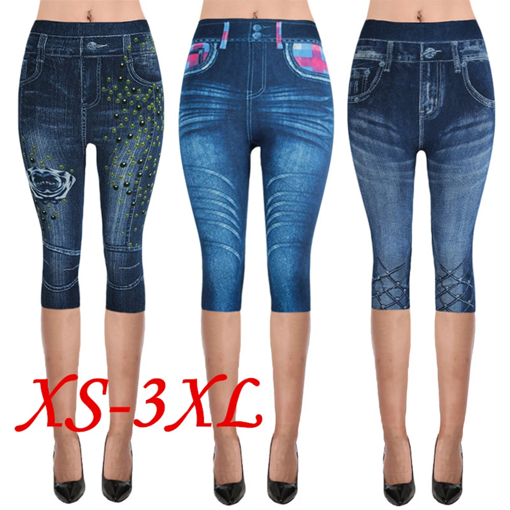 

2021 Fashion New Faux Women Leggings Denim Printed Skinny Yoga Pants Hip Lifting Cropped Tights Denim Casual Pants Slim Stretch