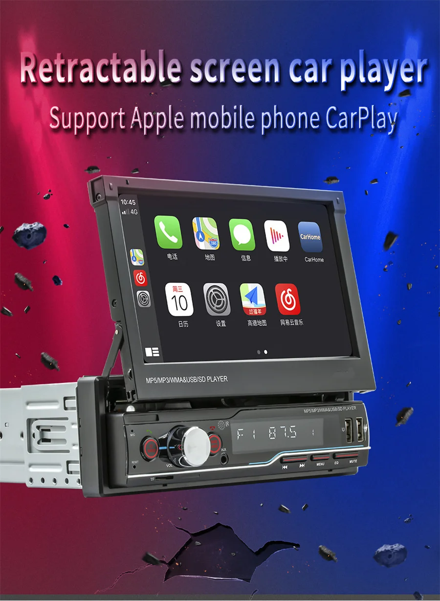 

1din Car MP5-Manual Retractable 7 inch Full Touch Screen Car Audio Video FM AM Carplay