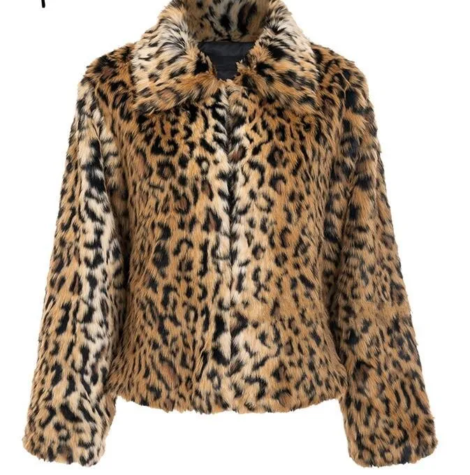 

Faux Fur Women's Turn-down Collar Coat Leopard Fur Coat Women's Autumn and Winter Long-Sleeved Plush Artificial Fur