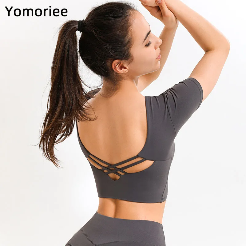 

Yoga Dress Female Beauty Back Short-sleeved T-shirt Elastic Sports Fitness Push-up Cross Slim Fitness Active Blouse Tops Women