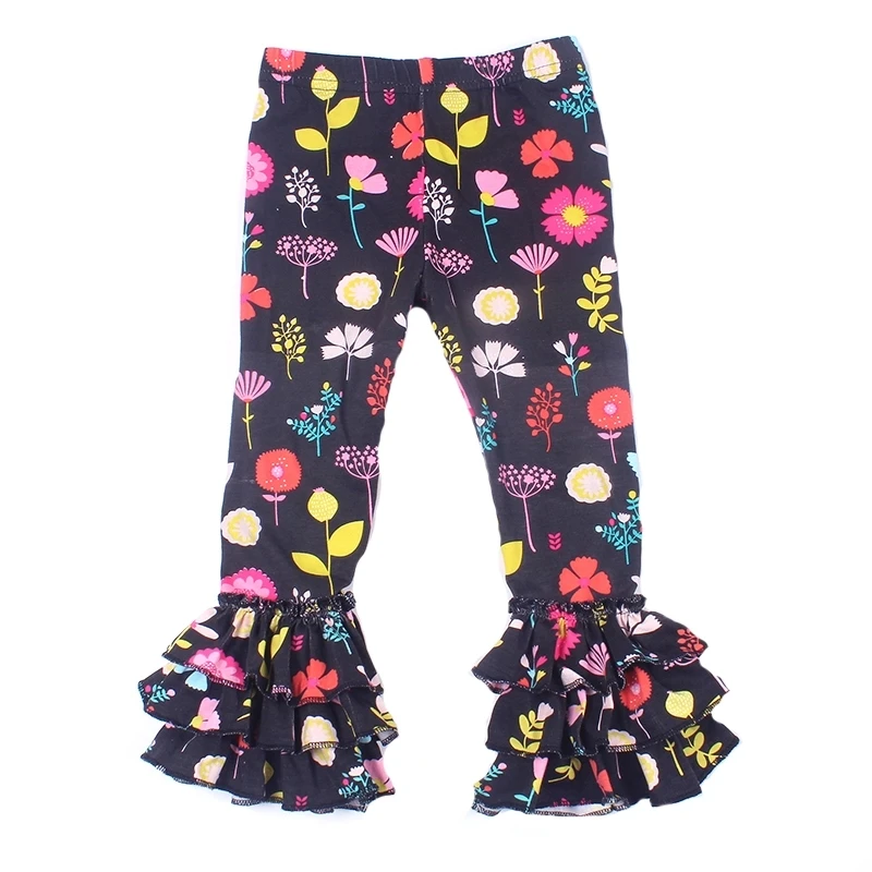 Осенние леггинсы для маленьких девочек черные штаны с оборками и цветочным