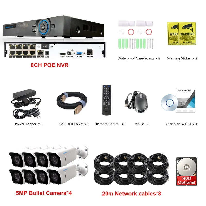 8 Camera with Cables Toprohomie H.265+ 8CH POE IP CCTV Системы 48V 5MP безопасности камера Аудио запись POE IP Камера ночного видения Камеры скрытого видеонаблюдения - Цвет: 8 Camera with Cables