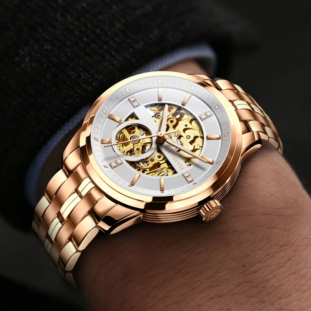Мужские водонепроницаемые часы Lobinni с автоматическим механизмом золотистые