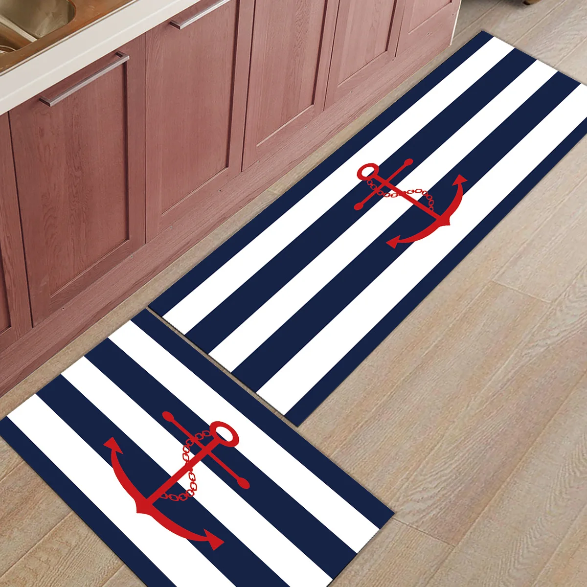Простой синий белый полосатый кухонный коврик с якорем современный ковер