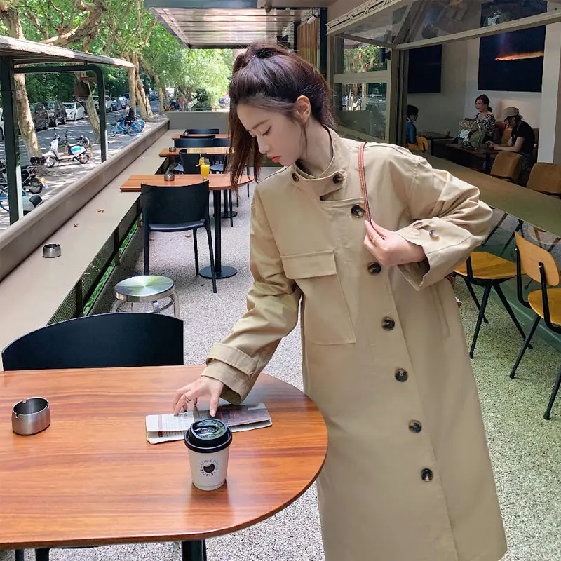 

New Khaki Long Windbreaker Female Spring And Autumn Temperament British Style Design Loose Stand Collar Trench Coat Casaco M2053