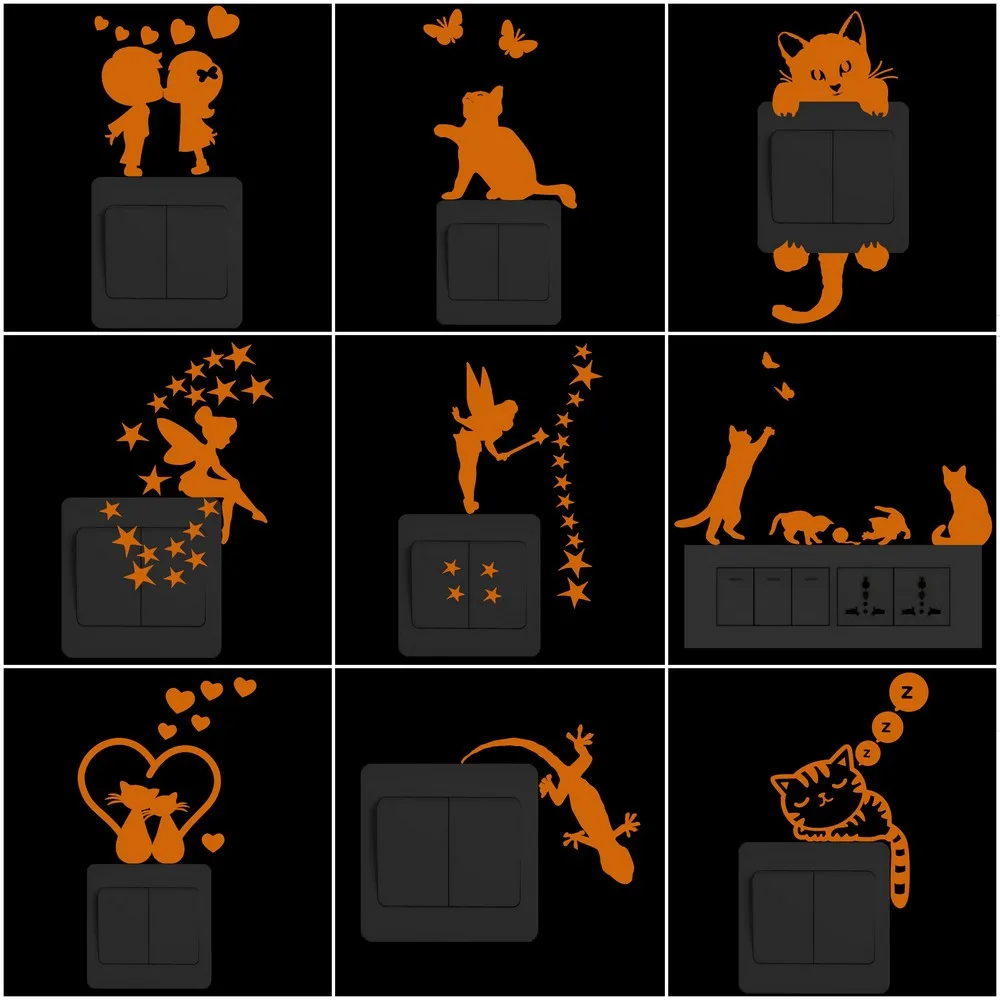 

Luminous Switch Sticker Home Decor Cartoon Glowing Wall Stickers Glow in the Dark Decoration Sticker Decal, Cat/Fairy/Moon Stars