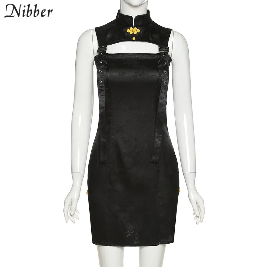 

Nibber black Hollow out woman Cheongsam dress summer street Gothic mini Split dress fashion club printing skinny Tang suit dress