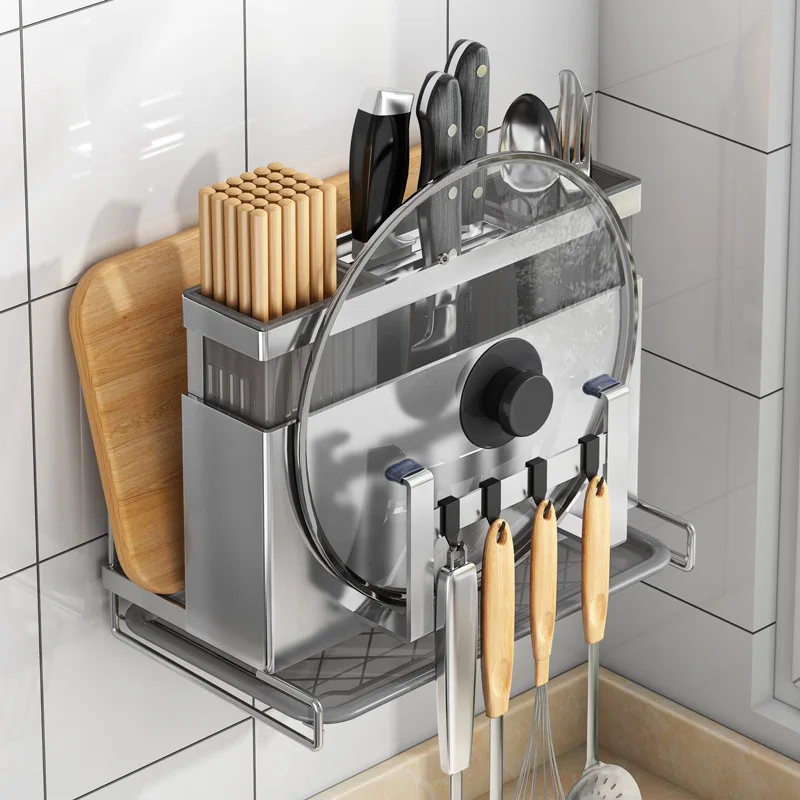 

304 stainless steel kitchen rack wall hanging case board board knife rack wall no punch pot cover hold
