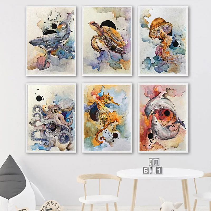 Картина водорослей, дельфина, осьминога "Монстр морского животного" акварельный рисунок абстрактного канваса плакаты печати для гостиной, спальни, коридора декор.