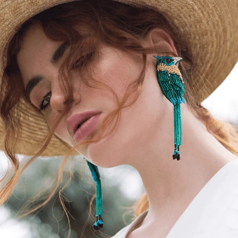 Богемные бусы веер и кисточка в виде стеклянных птиц висячие серьги для женщин 2019