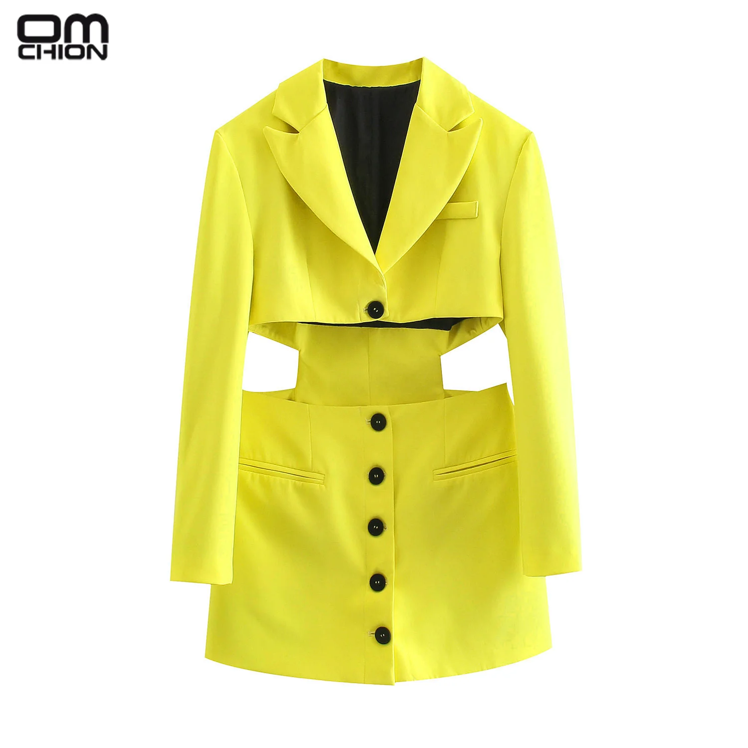 

OMCHION корейское модное платье с длинным рукавом 2021 осенний женский новый открытый дизайн цельный костюм пальто ажурное платье наборы