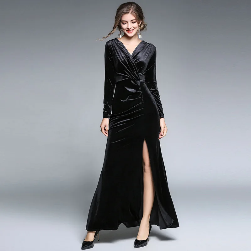

Red Autumn Winter Elegant Wine Velvet Pleated Slit Long Sleeves Dresses Gown Floor to Length Black Clothes For Women