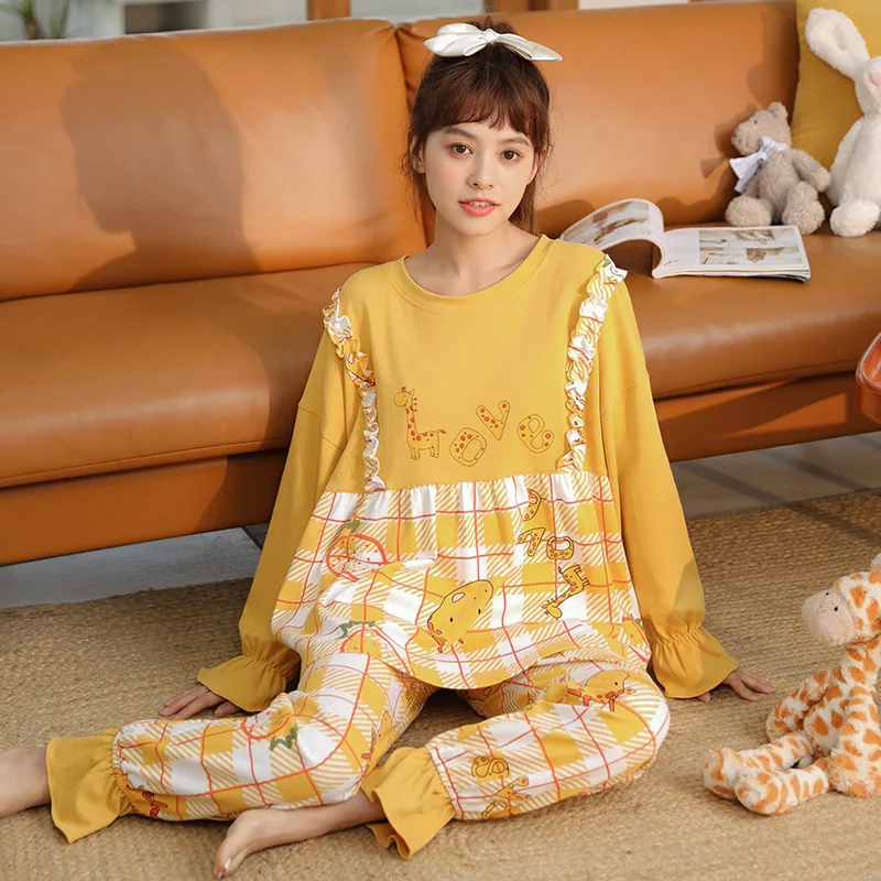 

Fall 2021 Pajamas for Women Long-sleeved Pullover Tops Long Trousers Cotton Pajamas Women Home Wear Can Go Out Casual Suit M-2xl