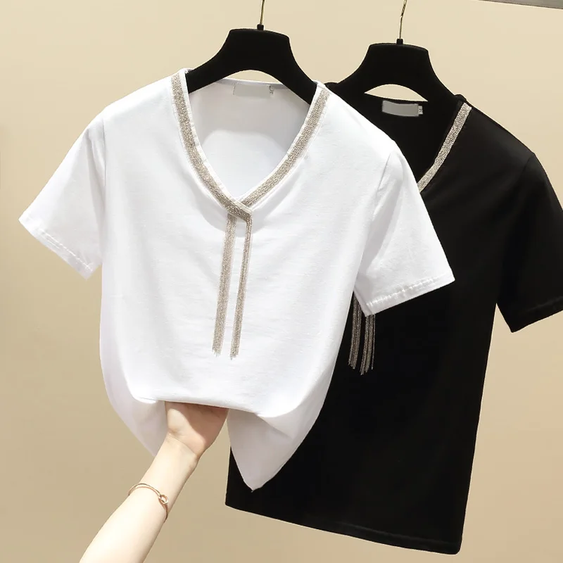 

Gkfnmt Tees T shirt Women Clothes Cotton Korean T-Shirt Tassel Beaded Summer Tops Short Sleeve V-Neck Y2K Shirt Black White 2021