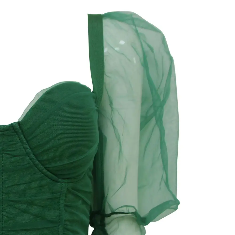 

kleezy lady ruched mesh sexy Lantern long sleeve women bandage dress bodycon pencil winter mini party club dress green