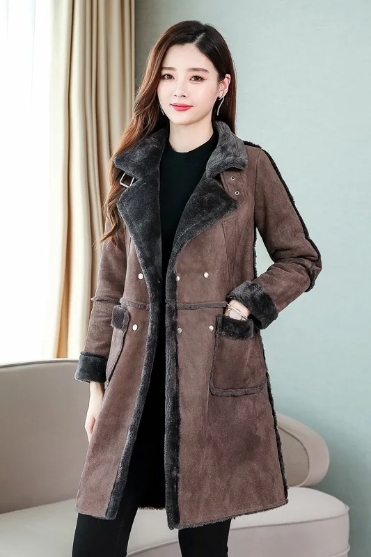 brown suede coat Зимняя длинная замшевая кожаная женская куртка, большие размеры, женская розовая замшевая куртка с искусственным мехом, Женская куртка, большая женская ветровка - Цвет: brown suede coat