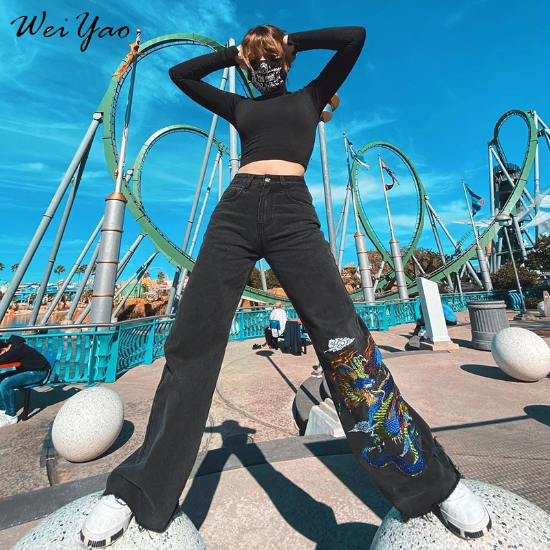 

WeiYao Chinese Style Dragon Straight Jeans Woman High Waist Streetwear Cargo Pants Vintage 90s Aesthetic Korean Denim Trousers