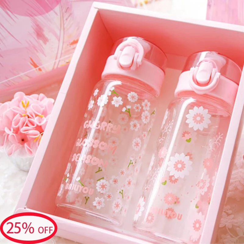 Летняя розовая вишневая стеклянная бутылка для воды спортивная Хрустальная