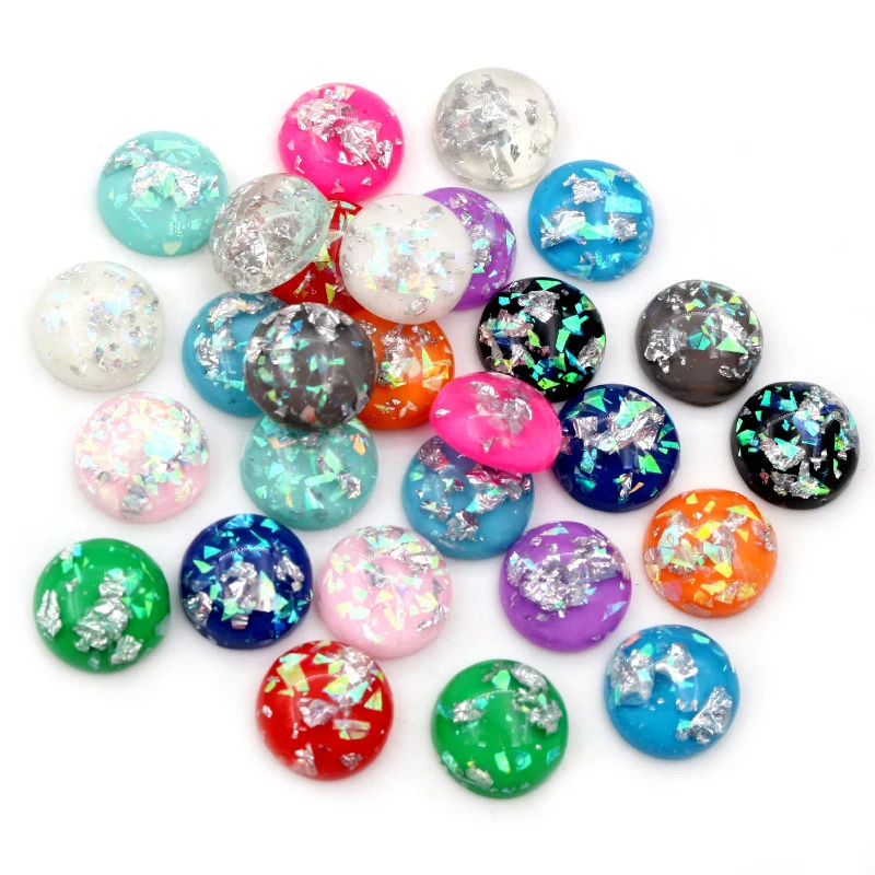 

Fashion New 40pcs 12mm Multi-Colors Built-in Silver Color Metal Foil Flat Back Resin Cabochons Cameo Dome DIY Jewelry Findings