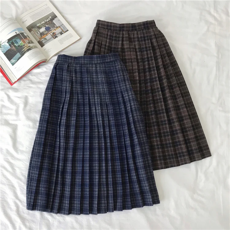 

2 colors preppy style high elastic waist A line Long Skirts Womans 2020 autumn winter plaid girls pleated Skirts womens (C2159)