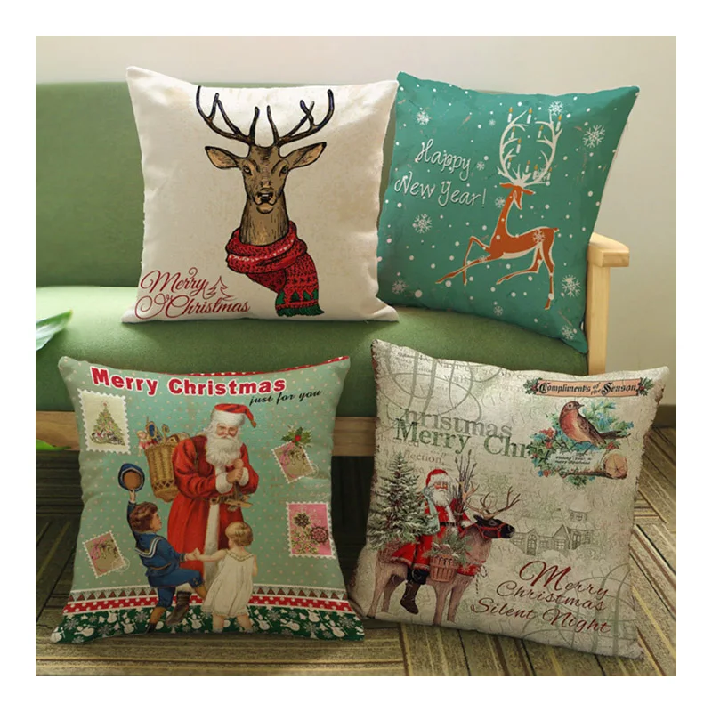 

Xmas Decorative Cushion cover Retro Santa Clause Reindeer Printed Christmas Gift Throw Pillowcase Snowflake Sofa Back Pillows