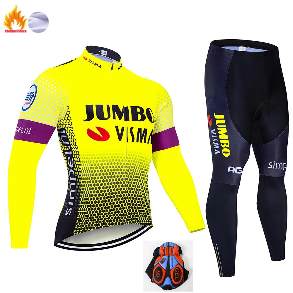 Fleece set Профессиональная команда Jumbo Visma зимний флисовый с длинными рукавами Джерси костюм теплый мужской велосипед ткань горный велосипед одежда велосипед - Цвет: Fleece set