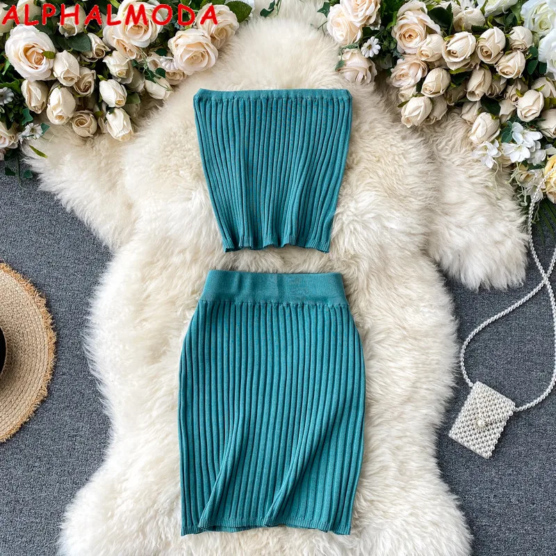 Женский вязаный костюм ALPHALMODA укороченный топ и мини юбка в стиле ретро труба