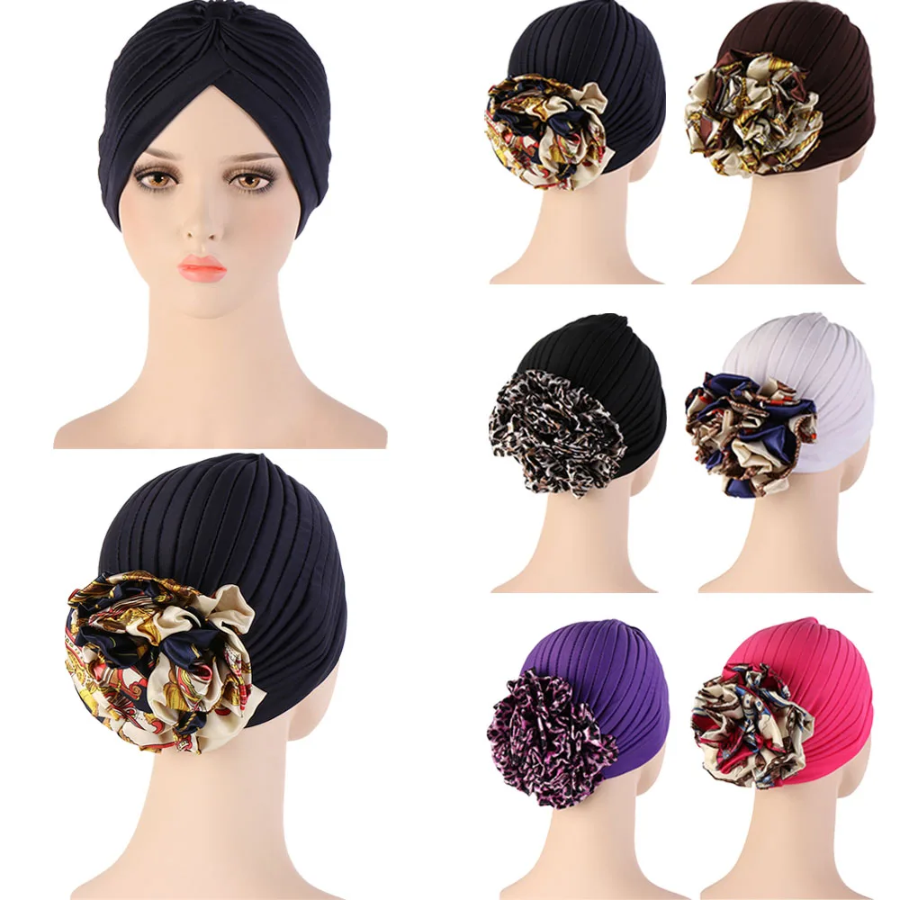 

Trendy Muslim Hijab Bonnet Indian Hat Arab Turban Cap Solid Big Flowers Hijab Caps for Women Islamic Head Wrap Turbantes Fashion