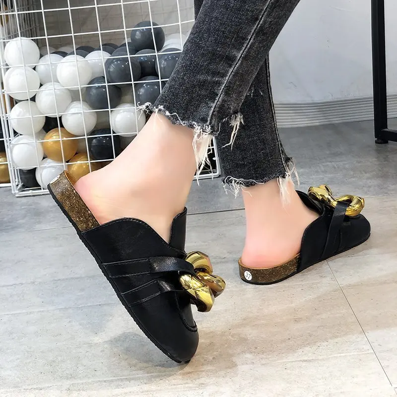 

Shoes Cover Toe Rivet Woman's Slippers Female Mule Slides Fashion Low 2021 Flat Mules Luxury Rome Hoof Heels Fabric Rubber PU