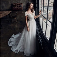 boho wedding dresses lace appliques beaded button short sleeves a line sparkle tulle bridal gowns beach vestido de noiva