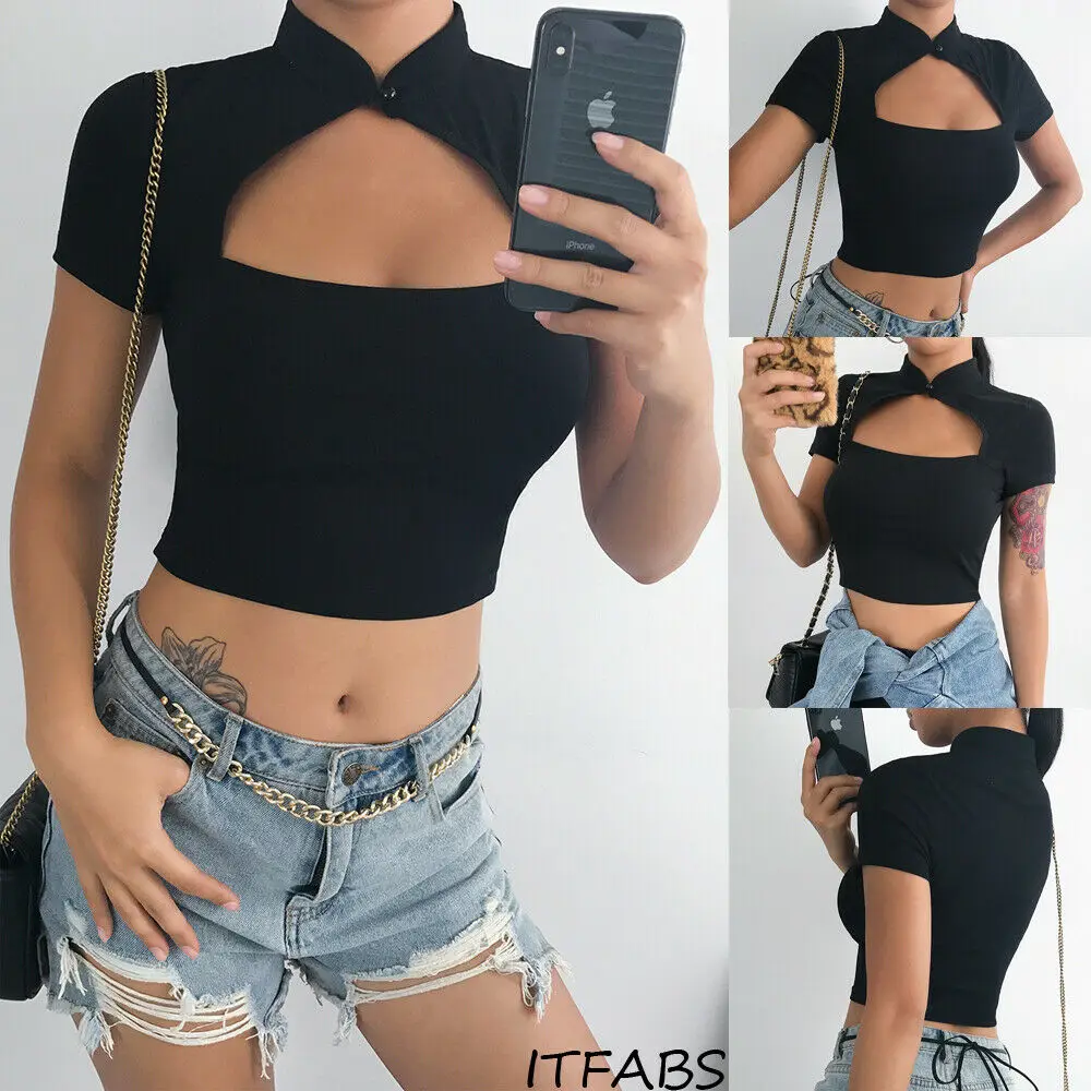 

2019 Hot Chinese Stand Collar Short Sleeves Tops Sexy Women Tees Cropped Tops Fashion Slim Hollow Fitting Tank Clubwear Blusa