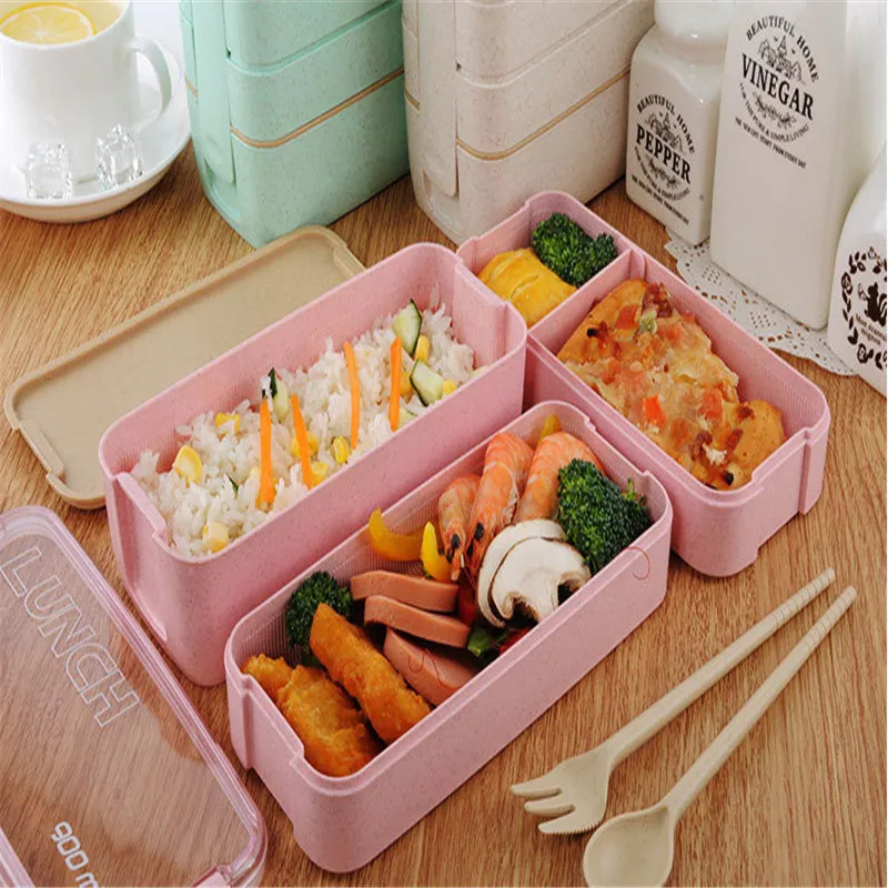 

900ml Healthy Material Lunch Box 3 Layer Wheat Straw Bento Boxes Microwave Dinner ware Food Storage Container Lunch box Kitchen