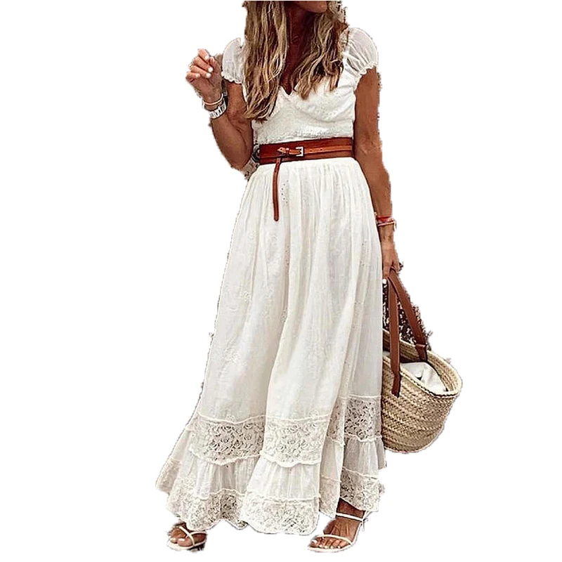 

Summer Dress Women Vintage V Neck Belt Ladies Long Party Dress Female Solid Hollow Out Lace Loose Bohemian Maxi Dresses Vestidos