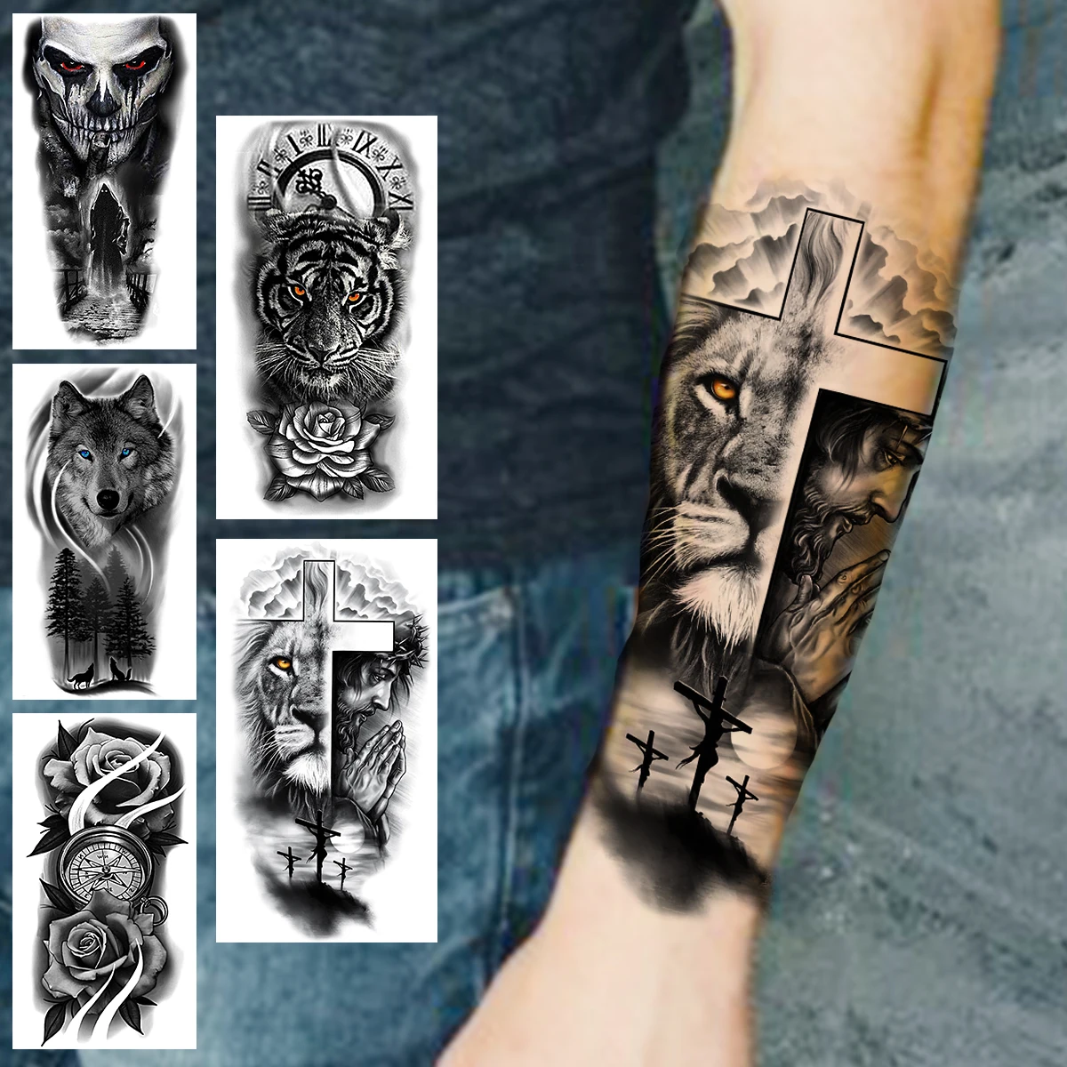 

Praying Lion Cross Temporary Tattoos For Men Women Clown Wolf Tiger Flower Compass Fake Tattoo Sticker Forearm Waterproof Tatoos