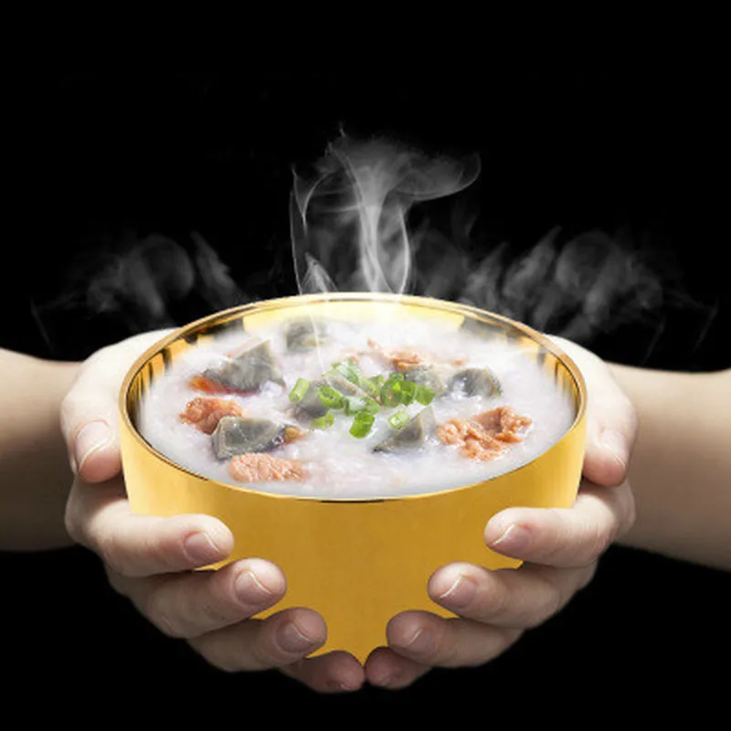 

11/14cm Gold 304 Stainless Steel Bowl for ChildrenThick Double-layer Heat-prevention Bowl Ramen Ice Cream Fruit Soup Noodle Bowl