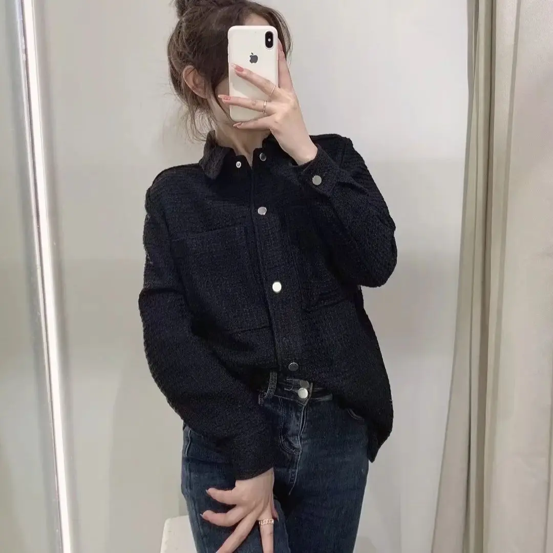 

KRSB Za 2021 Autumn Women's Black Lapel Tweed Single-breasted Pocket Design Loose Long Sleeve Jacket Sexy Retro Style