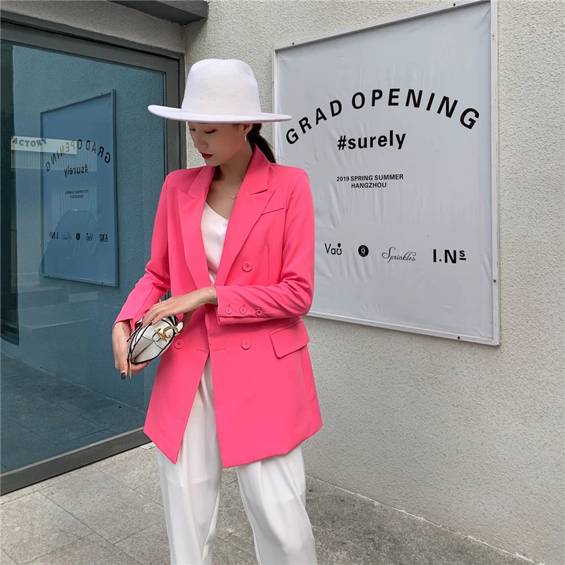 

2021 Spring Korean Double Breasted Women Blazer Loose Casual Double Breasted Oversize Office Lady Coat Notched Neck Long Blazer