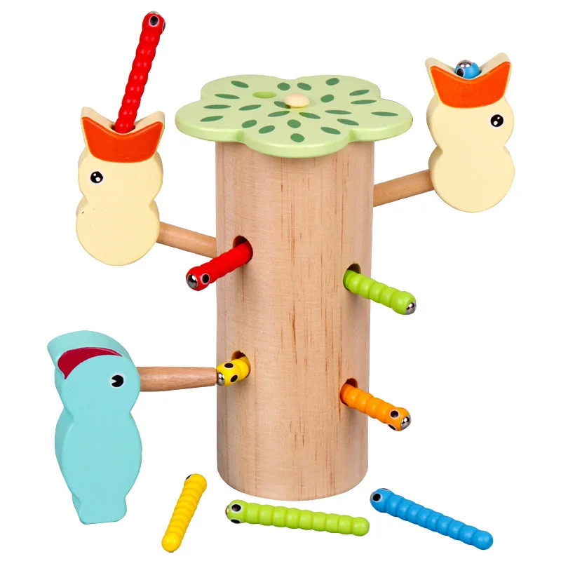 

Woodpecker Catch Worms Set Magnetic Fishing Fine Motor Skills Toys Montessori Educational Wooden Kids Children Games