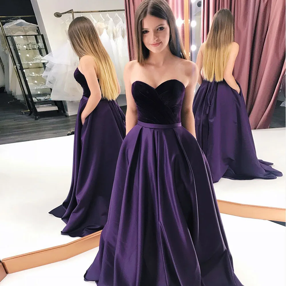 

Elegant Velvet Evening Dresses Long 2021 Simple Sweetheart Prom Gown Purple Satin Vintage With Pockets robe de soirée de mariage