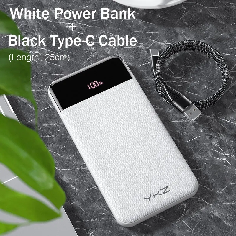 YKZ QC 3,0 внешний аккумулятор 10000 мАч светодиодный портативный аккумулятор PD Быстрая зарядка 12 В внешний аккумулятор для iPhone Xiaomi Mi с USB - Цвет: White with Cable