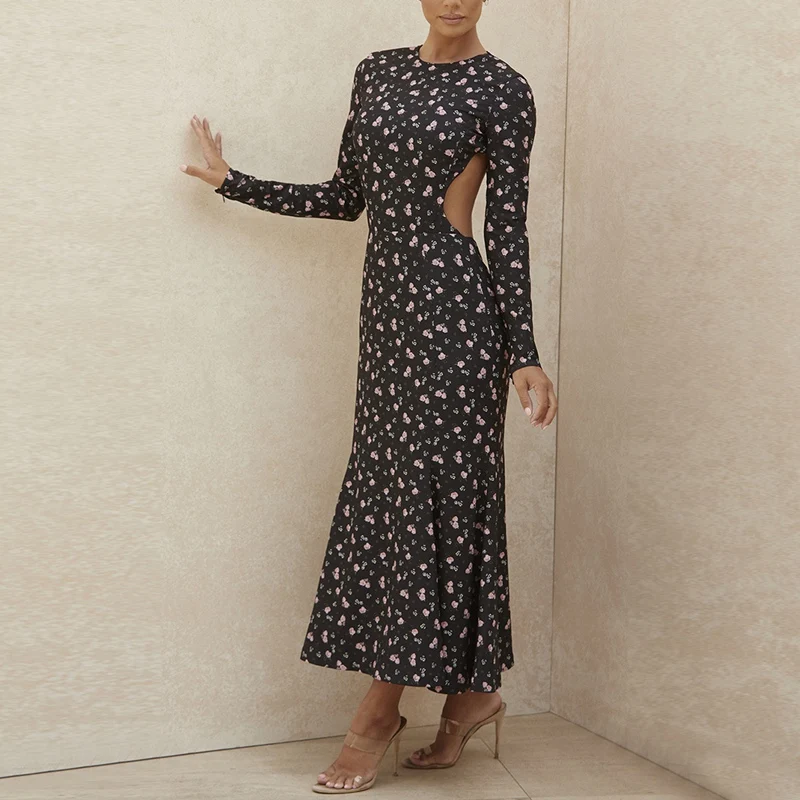 

Sexy Open Back Slim Printed Dress Mid-Waist O-Neck Long-Sleeved Dress Zipper Casual Wear Spring Autumn Dress Women