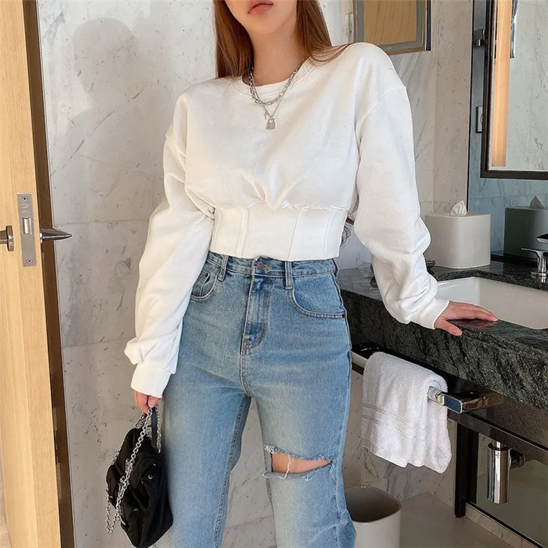 

Fashion Korean Version of The New Autumn Pure Color Casual Wild Thin Loose High Waist Short Sweater Women Sweatshirts Vintage