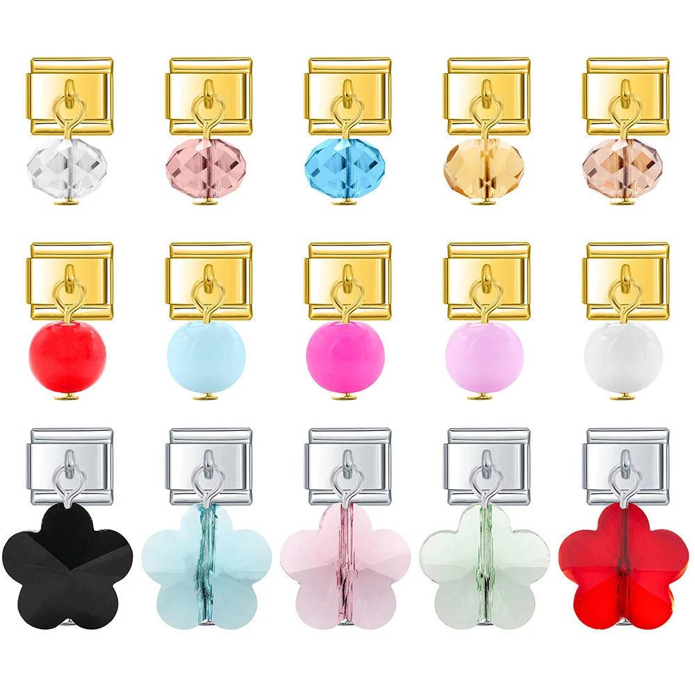 

Hapiship Colour Artificial Crystal Flower Round Italian Links Charm Fit 9mm Bracelet Stainless Steel Jewelry DIY Making DJ037