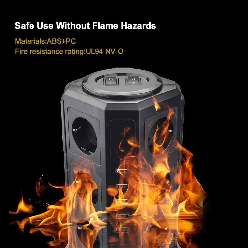 

Tower Multi Power Strip Vertical EU Plug 12 Way Outlets Sockets with USB Surge Protector Circuit Protection 2m Extension Cord