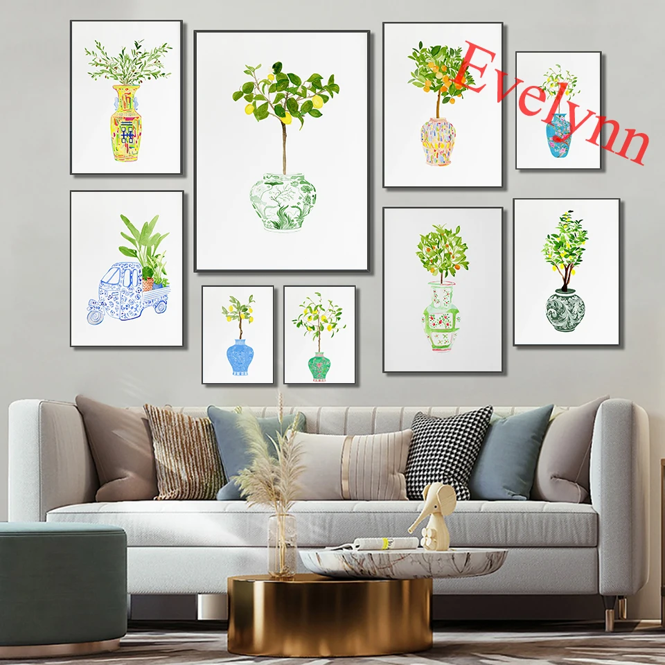 

Watercolor Chinoiserie Pottery Ginger Jar Posters, Antique Porcelain Vase Lemon Plant Living Room Decor Canvas Wall Art Prints