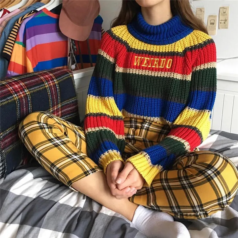 Осень каваи Радуга Разноцветные полосатый водолазка pull femme sweter вышивка вязаный свободный короткий укороченный свитер для женщин