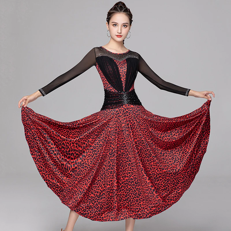 

Floral Ballroom Competition Dress Women Mesh Stage Costume Leopard Flamenco Dress Modern Dance Outfit Tango Dancewear