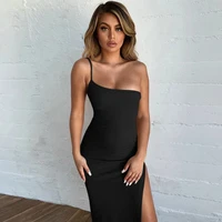 side split dress women sexy sleeveless solid knitted ankle length party dress slim elastics off shoulder dress cotton