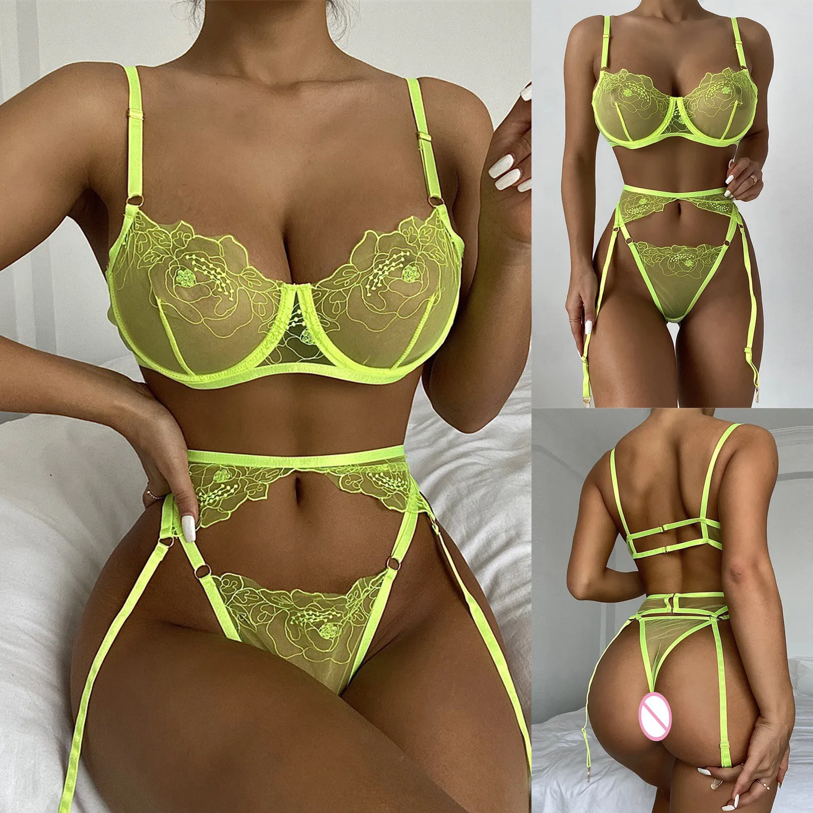

New Sexy Lace Lingerie Erotic Bra Thongs Underwear Sleepwear Steel Ring Pajamas Garter Transparent Sleepwear Underwear Fashion