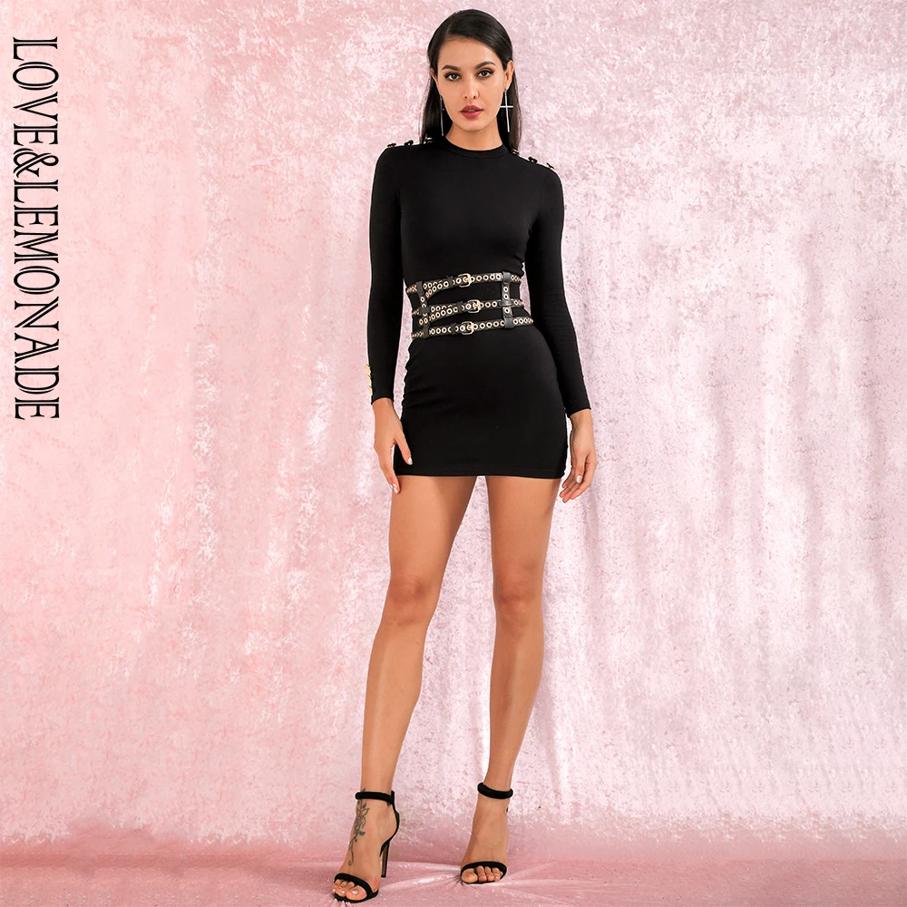 Женское мини платье LOVE & LEMONADE черное/золотое облегающее на пуговицах с длинным